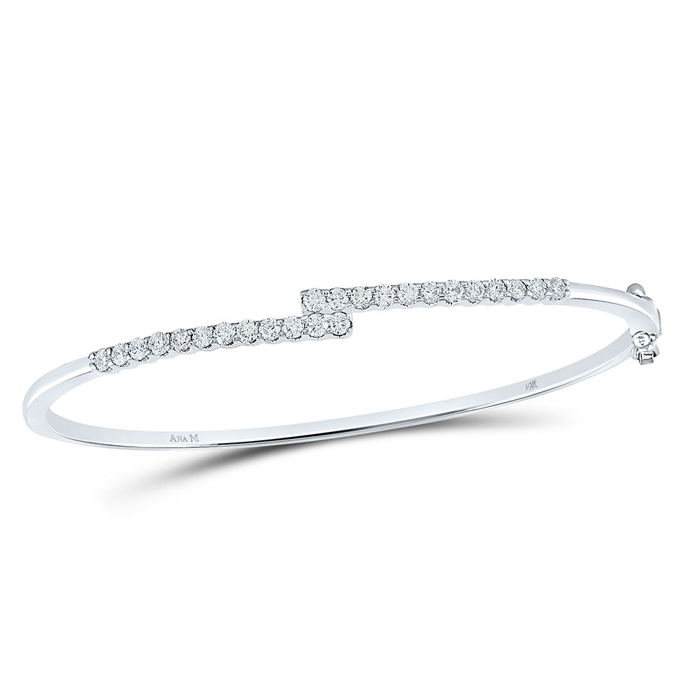 14kt White Gold Womens Round Diamond Bypass Bangle Bracelet 1 Cttw