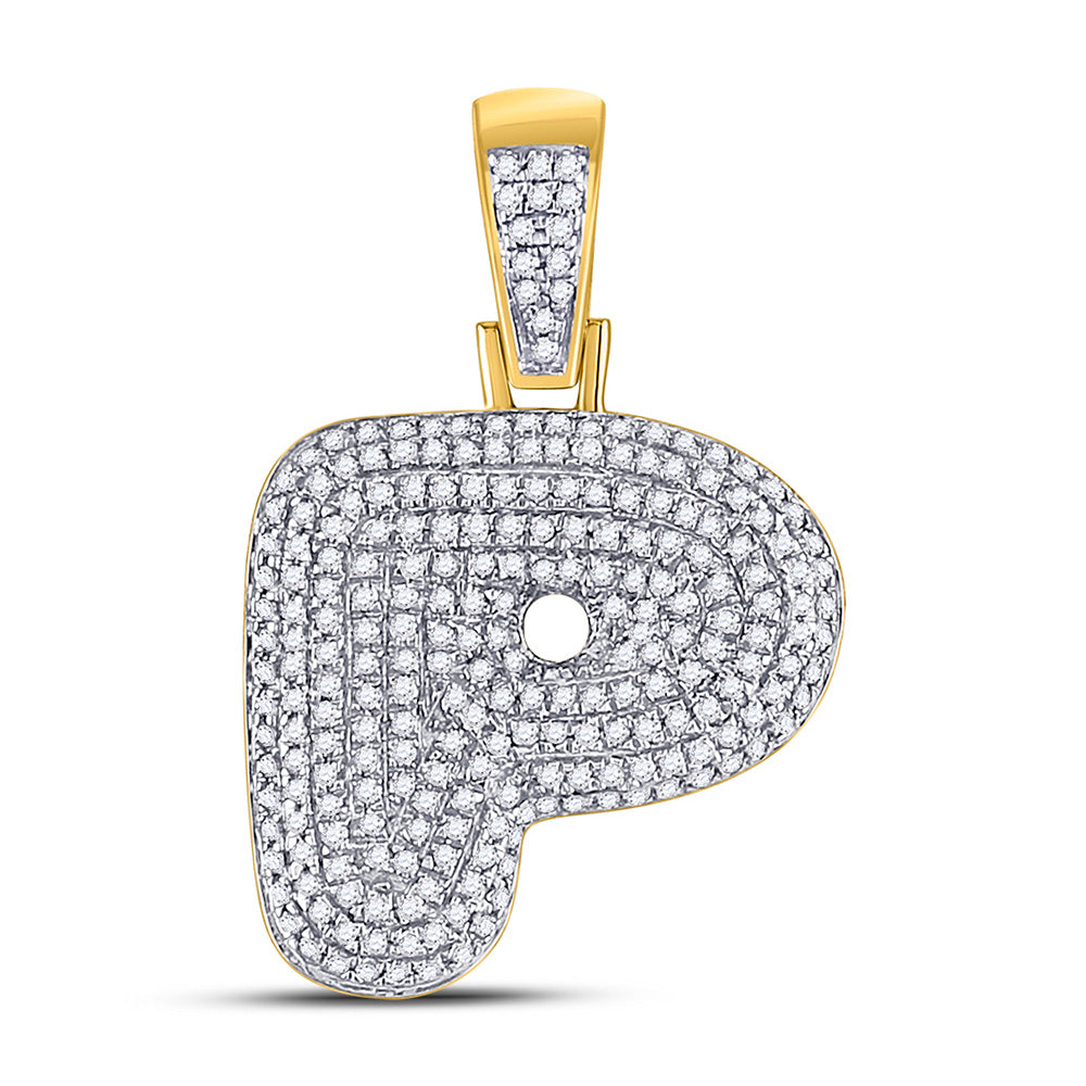 10kt Yellow Gold Mens Round Diamond Bubble P Letter Charm Pendant 3/4 Cttw