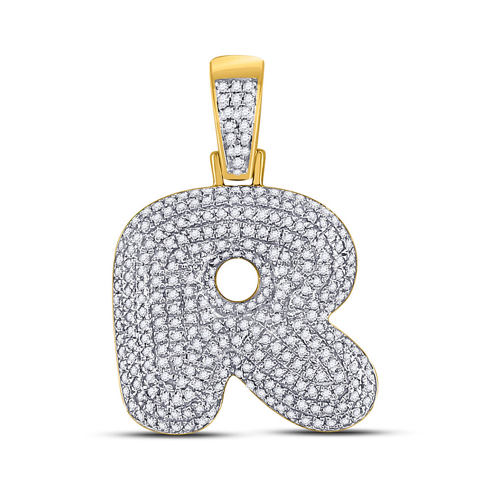 10kt Yellow Gold Mens Round Diamond Bubble R Letter Charm Pendant 7/8 Cttw