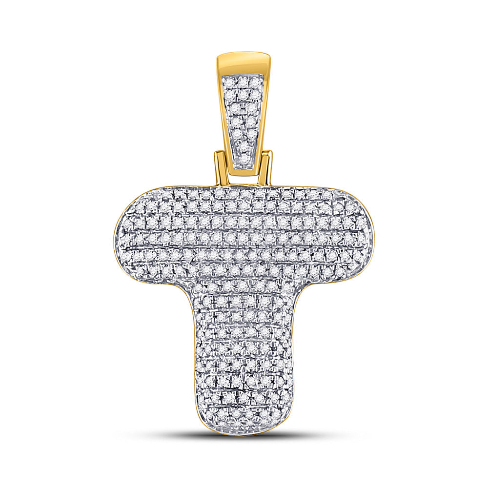 10kt Yellow Gold Mens Round Diamond Bubble T Letter Charm Pendant 1/2 Cttw