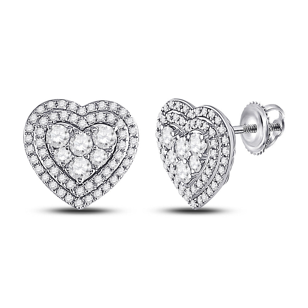 14kt White Gold Womens Round Diamond Heart Earrings 1 Cttw