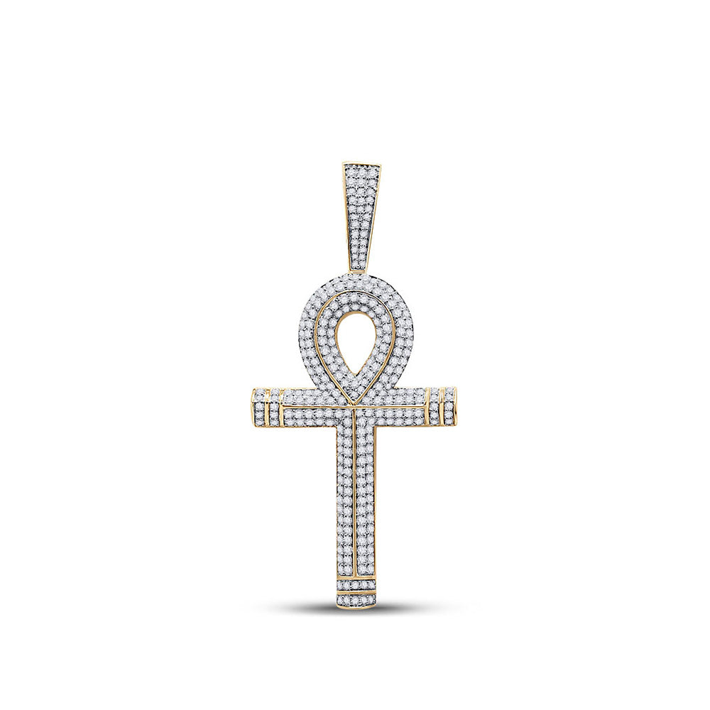 10kt Yellow Gold Mens Round Diamond Ankh Cross Charm Pendant 2-1/5 Cttw