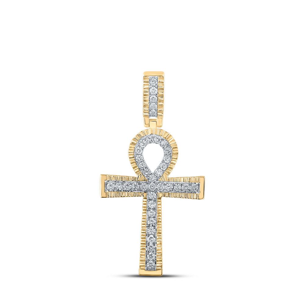 10kt Yellow Gold Mens Round Diamond Ankh Cross Charm Pendant 1 Cttw