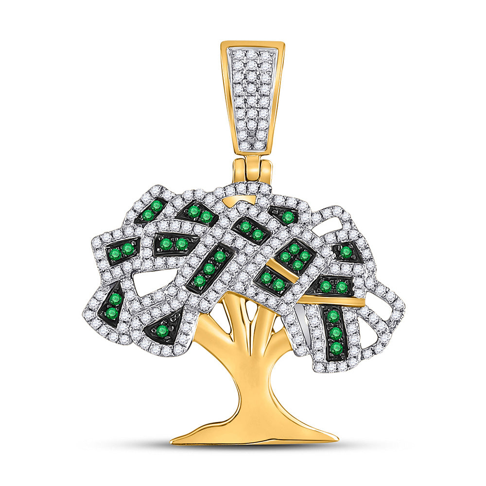 10kt Yellow Gold Mens Round Green Color Enhanced Diamond Money Tree Charm Pendant 3/4 Cttw