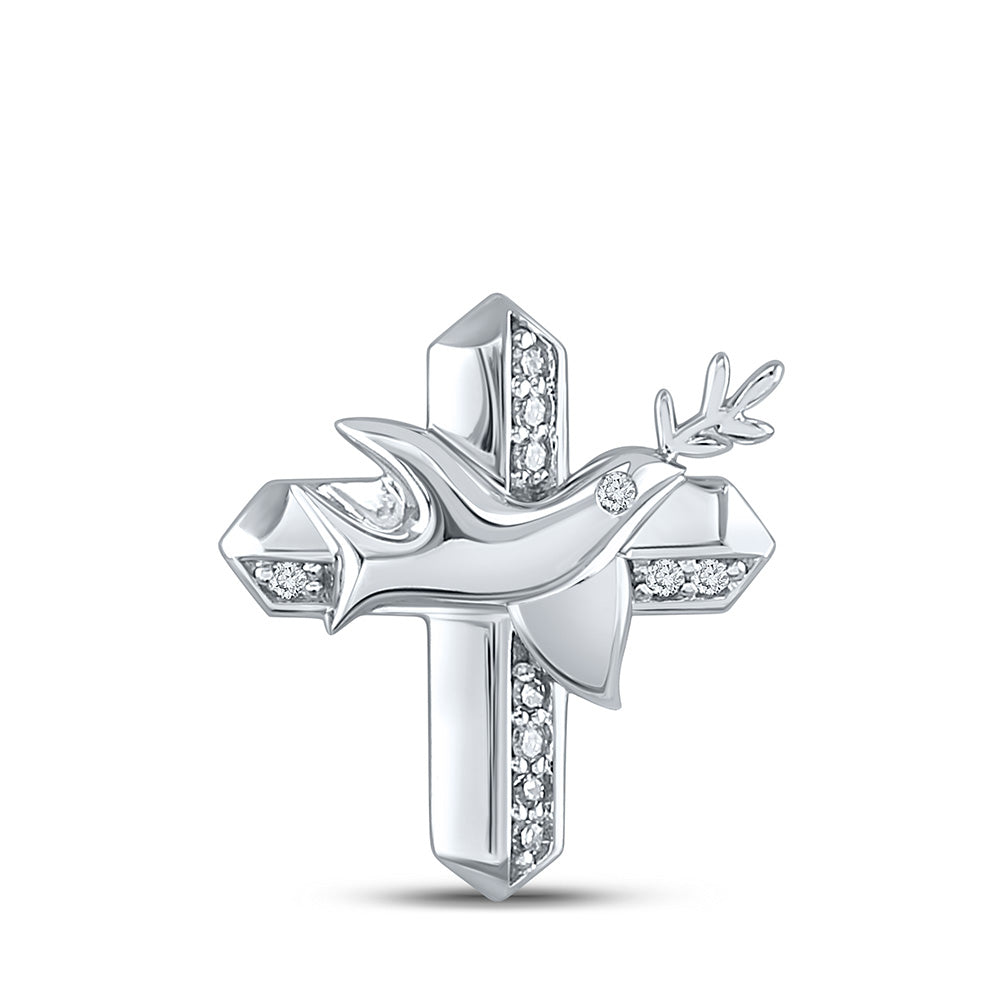 10kt White Gold Womens Round Diamond Dove Cross Pendant 1/20 Cttw