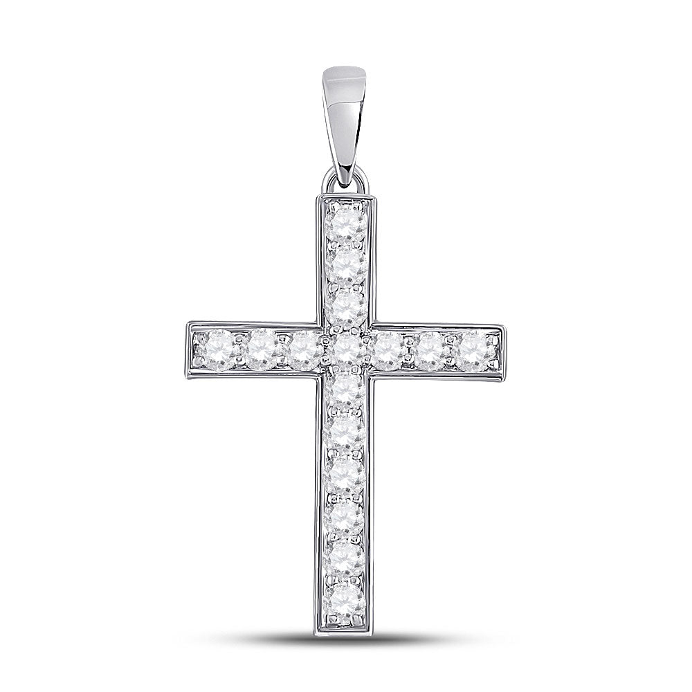 10kt White Gold Womens Round Diamond Cross Pendant 1/2 Cttw