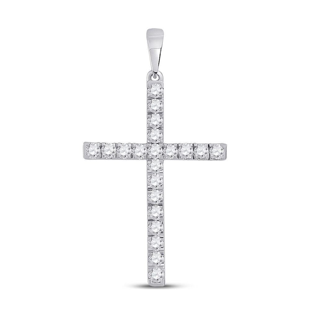 14kt White Gold Womens Round Diamond Cross Pendant 1/2 Cttw