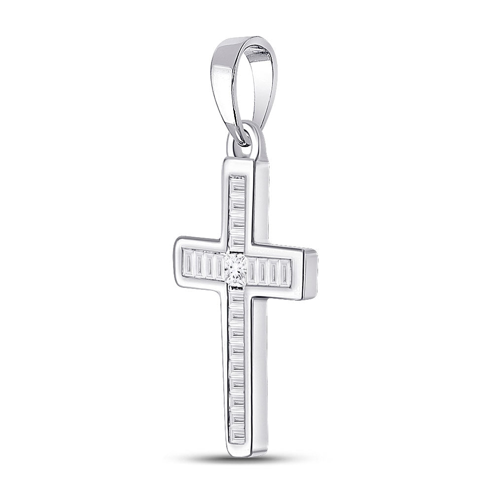 10kt White Gold Womens Princess Diamond Cross Pendant 1/8 Cttw