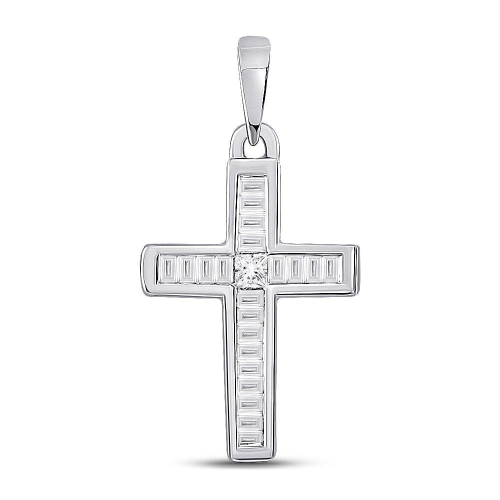 10kt White Gold Womens Princess Diamond Cross Pendant 1/8 Cttw