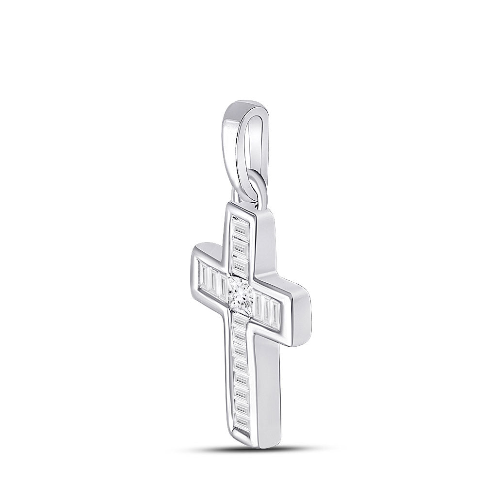 10kt White Gold Womens Princess Diamond Small Cross Pendant 1/6 Cttw