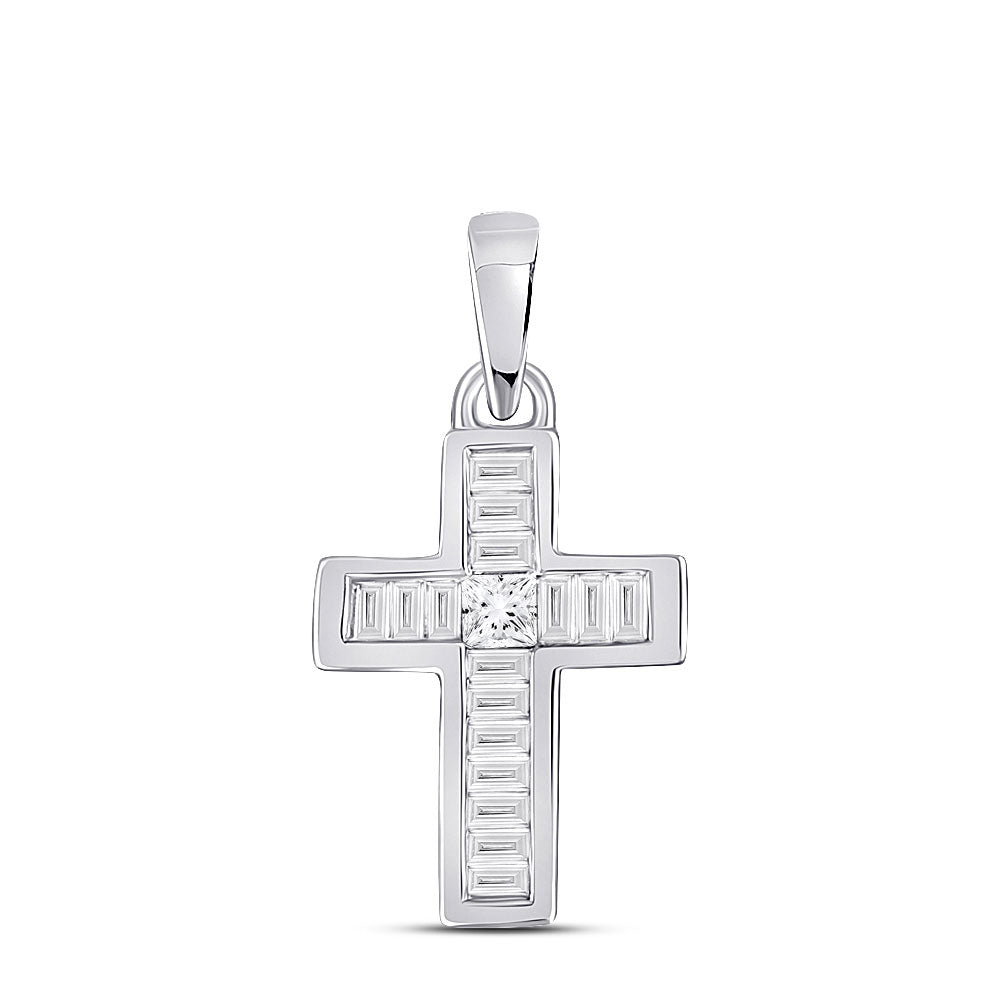 10kt White Gold Womens Princess Diamond Small Cross Pendant 1/6 Cttw