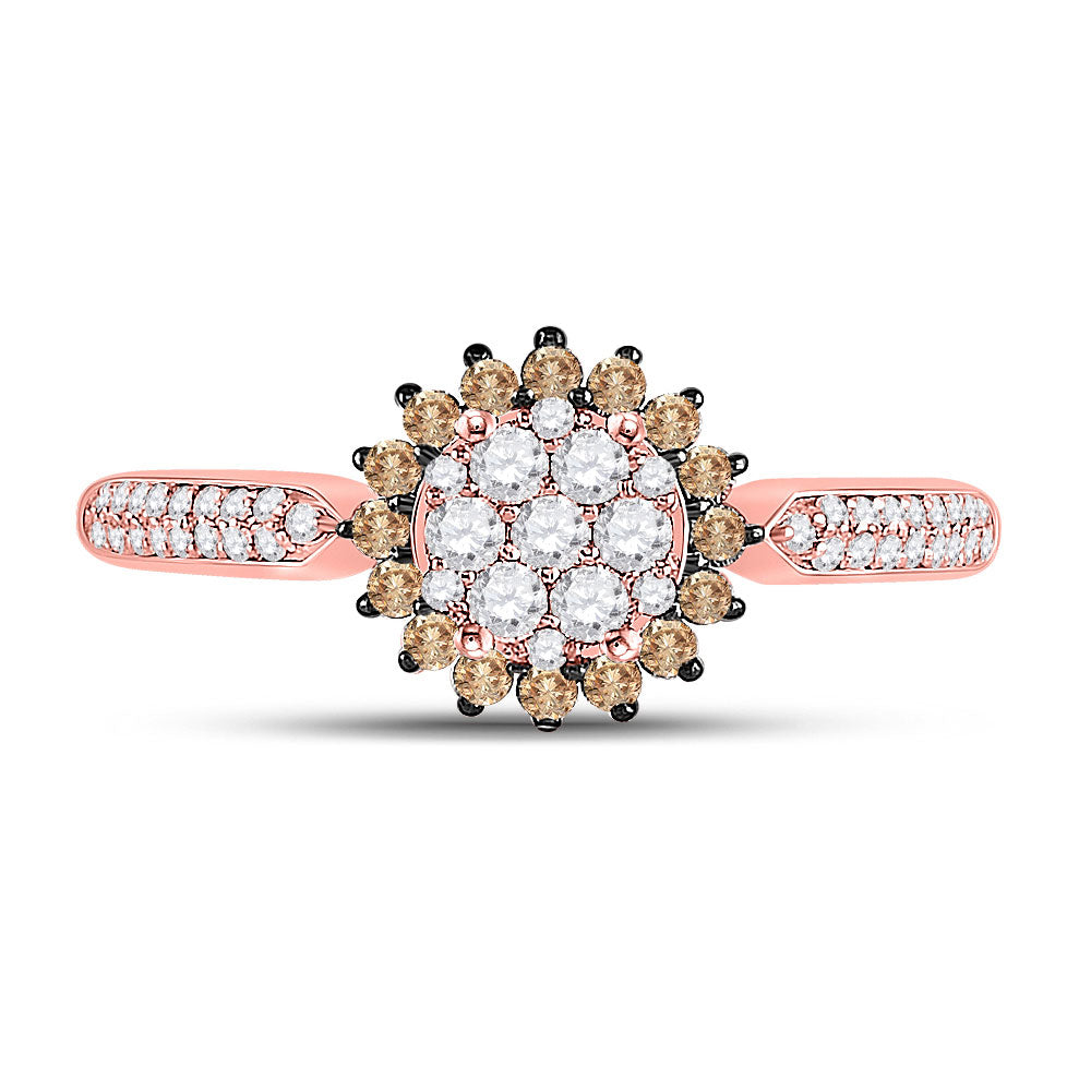 10kt Rose Gold Womens Round Brown Diamond Halo Cluster Ring 1/2 Cttw