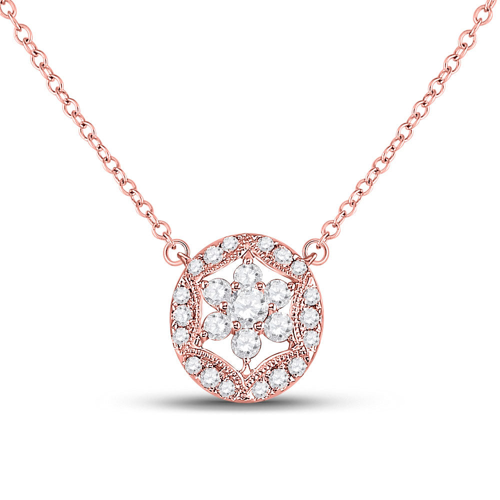 14kt Rose Gold Womens Round Diamond Floral Cluster Necklace 1/3 Cttw