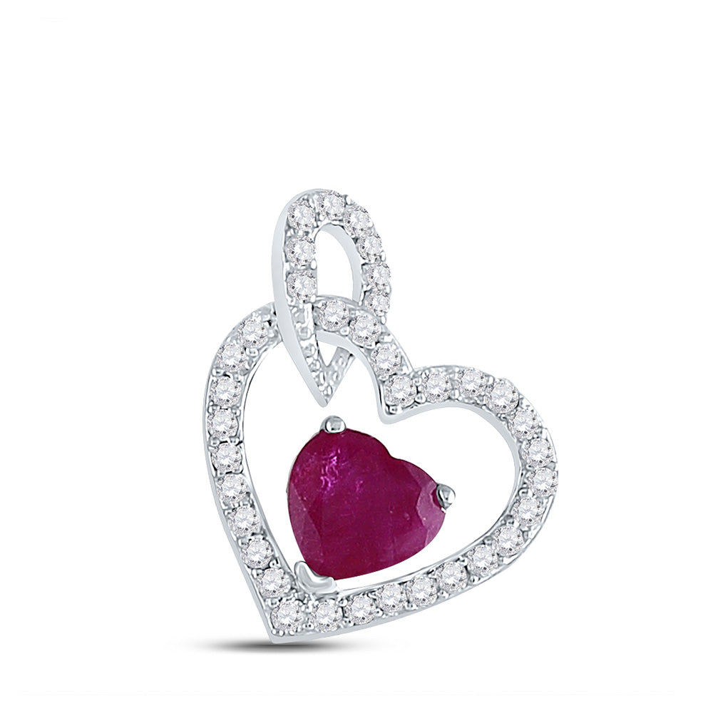 10kt White Gold Womens Heart Ruby Diamond Fashion Pendant 3/4 Cttw