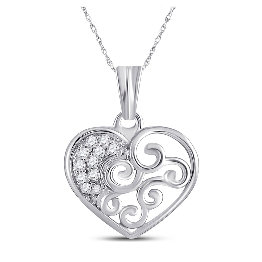 10kt White Gold Womens Round Diamond Curl Heart Pendant 1/12 Cttw