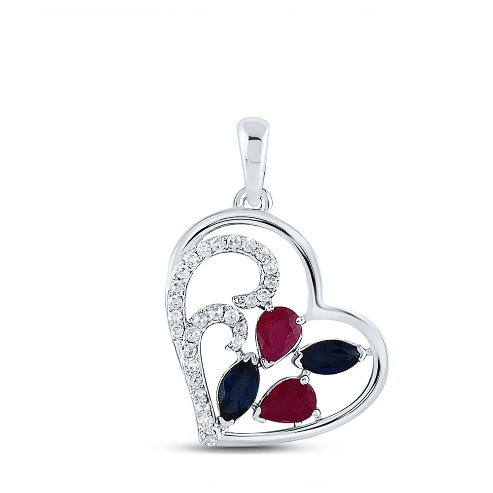 10kt White Gold Womens Pear Ruby Blue Sapphire Diamond Heart Pendant 1 Cttw