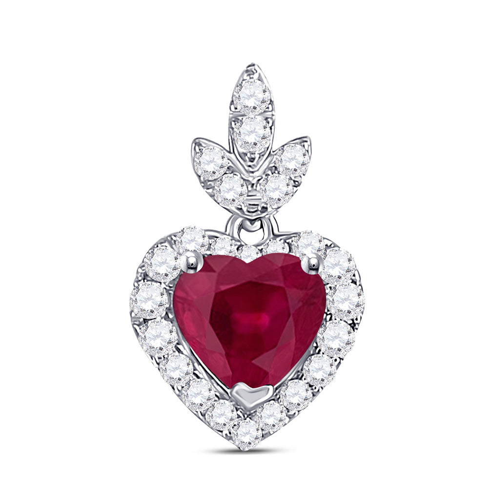 10kt White Gold Womens Heart Ruby Diamond Fashion Pendant 3/4 Cttw