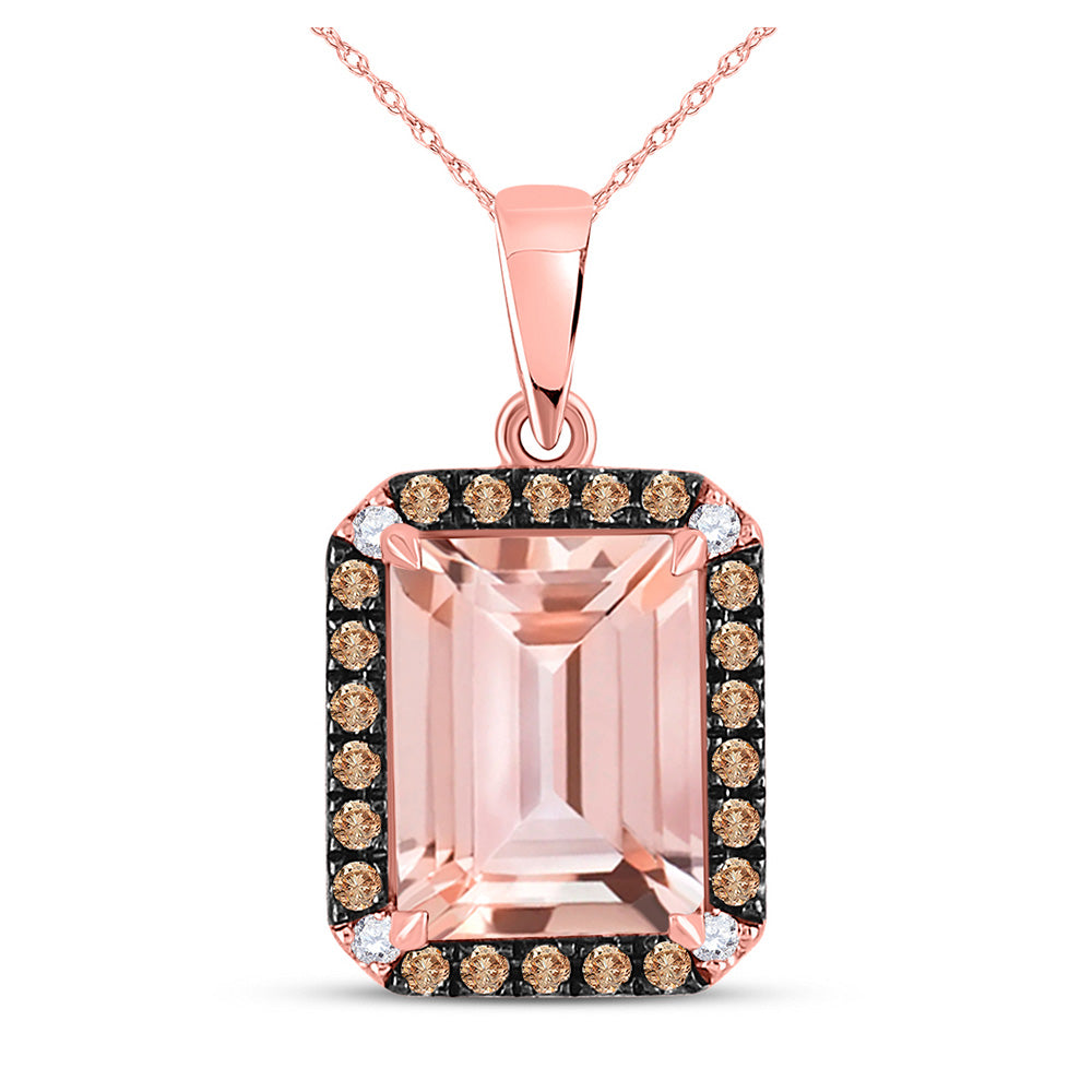 10kt Rose Gold Womens Emerald-cut Morganite Solitaire Brown Diamond Pendant 2-3/4 Cttw