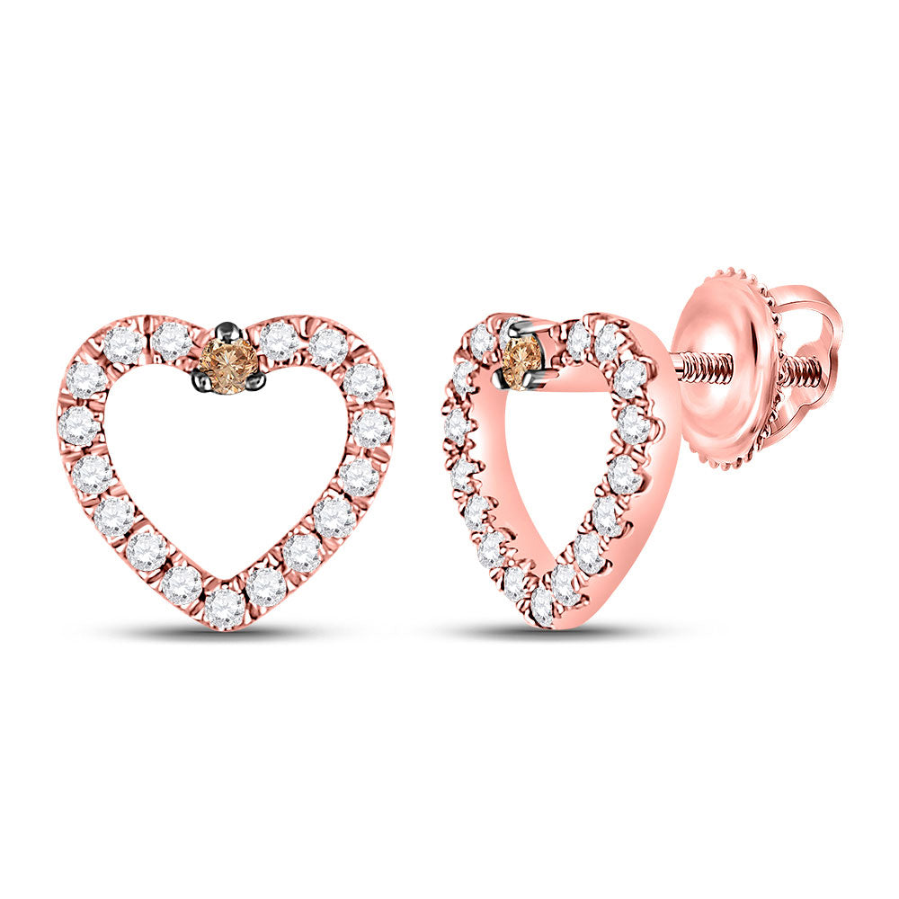 10kt Rose Gold Womens Round Brown Diamond Heart Earrings 1/6 Cttw