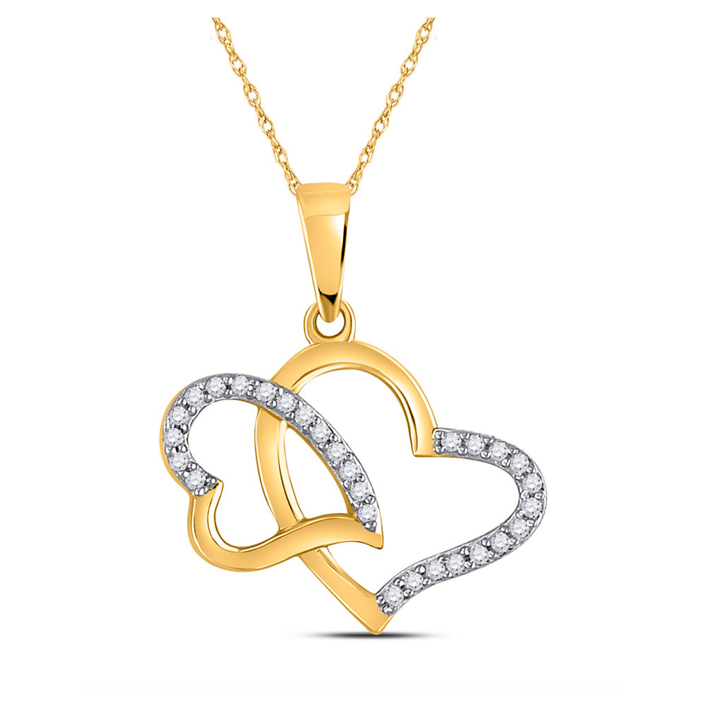 10kt Yellow Gold Womens Round Diamond Double Heart Pendant 1/6 Cttw