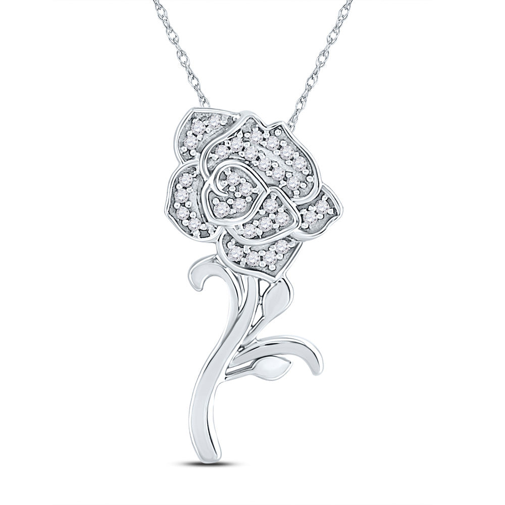 10kt White Gold Womens Round Diamond Rose Flower Pendant 1/10 Cttw