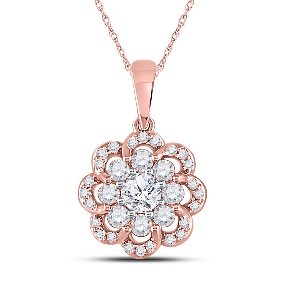 14kt Rose Gold Womens Round Diamond Flower Cluster Pendant 1/2 Cttw