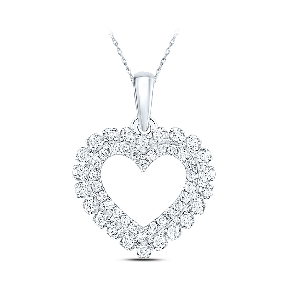 14kt White Gold Womens Round Diamond Heart Pendant 3/8 Cttw