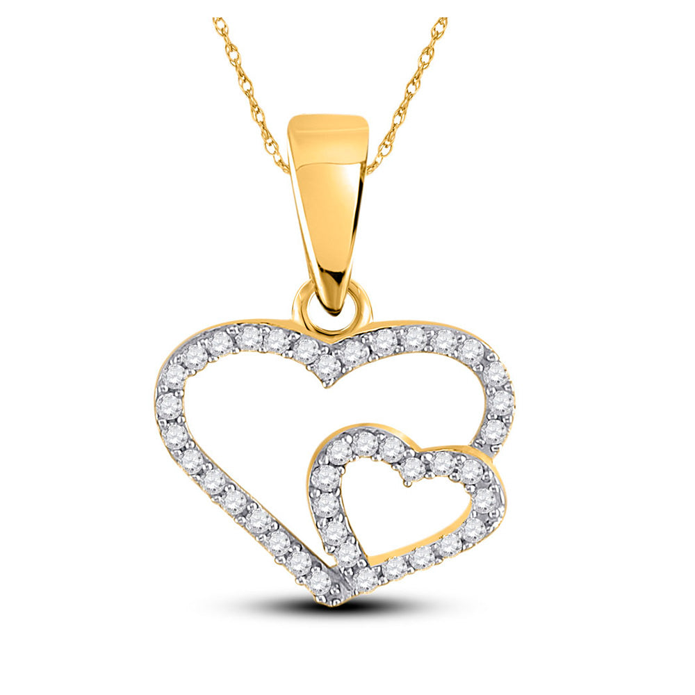 10kt Yellow Gold Womens Round Diamond Double Heart Pendant 1/10 Cttw