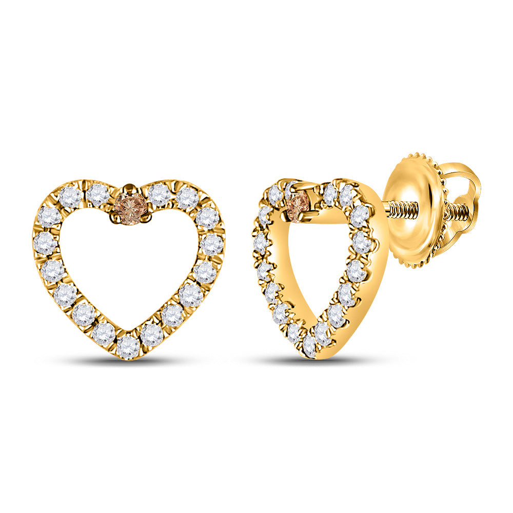 10kt Yellow Gold Womens Round Brown Diamond Heart Earrings 1/6 Cttw