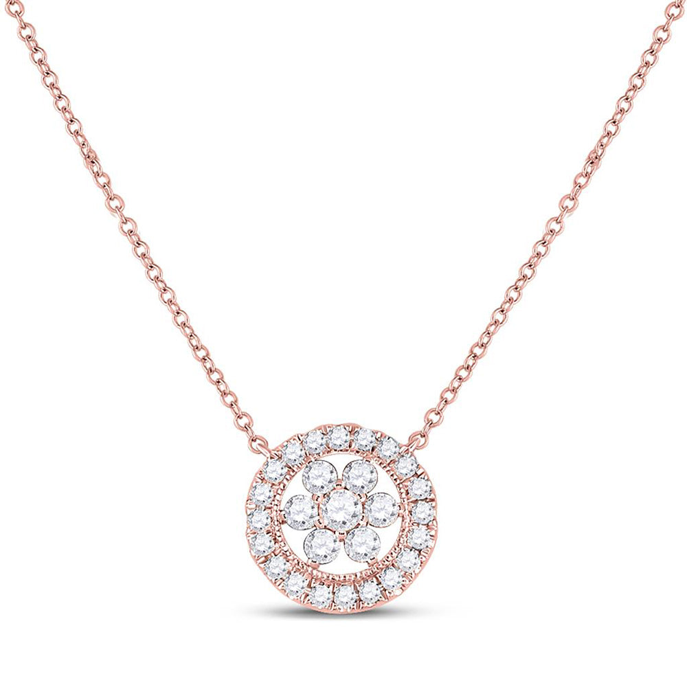 14kt Rose Gold Womens Round Diamond Floral Cluster Necklace 1/3 Cttw