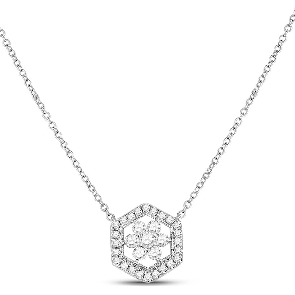 14kt White Gold Womens Round Diamond Geometric Cluster Necklace 1/3 Cttw