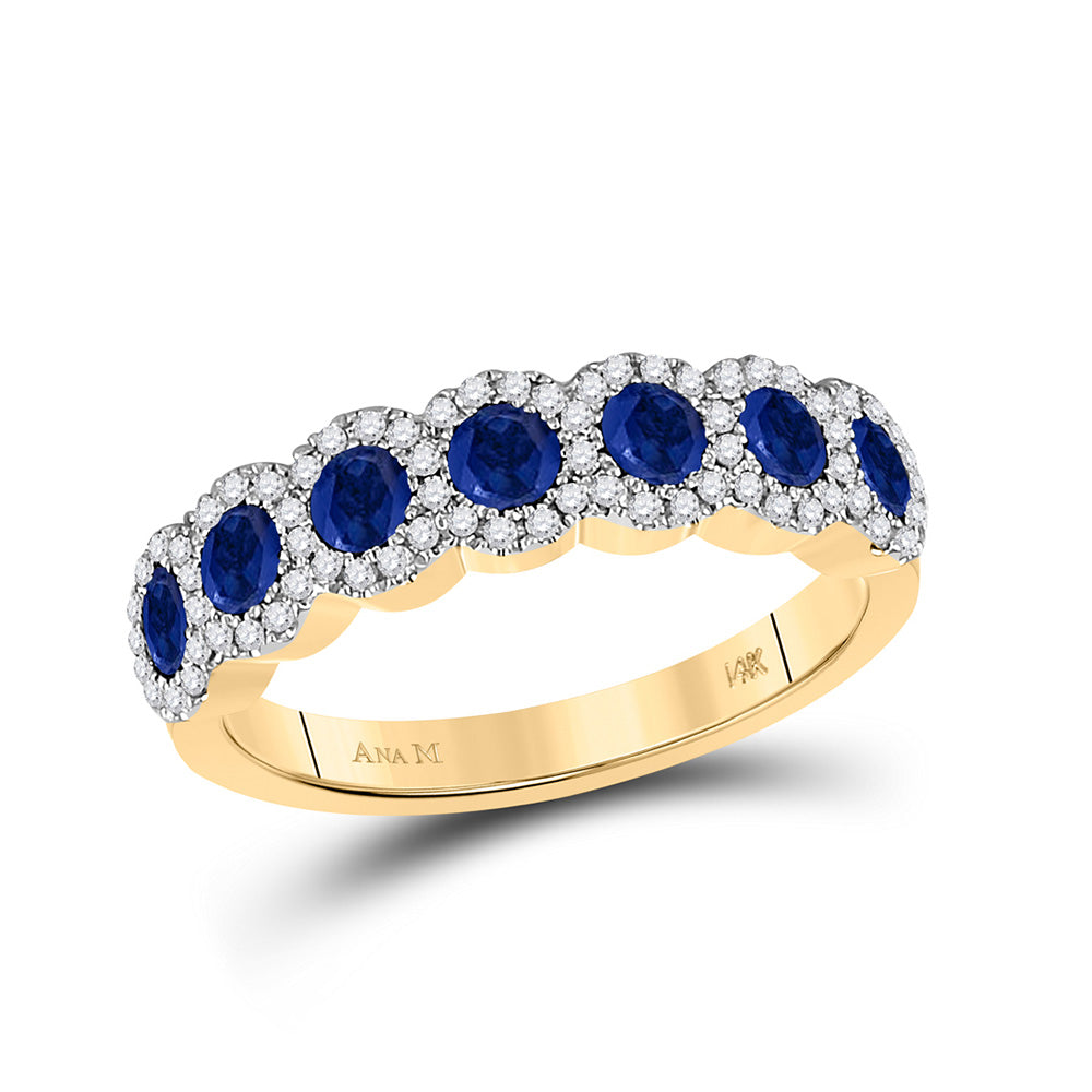 14kt Yellow Gold Womens Round Blue Sapphire Diamond Band Ring 1-1/4 Cttw