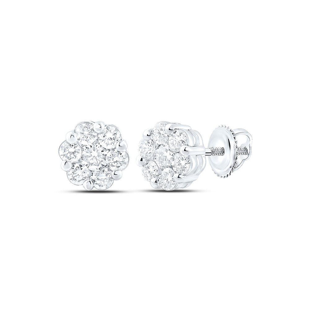 14kt White Gold Womens Round Diamond Flower Cluster Earrings 1-1/5 Cttw