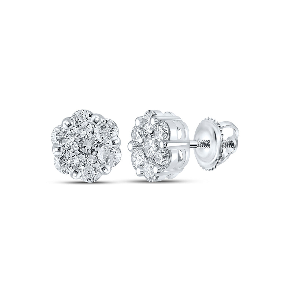 14kt White Gold Womens Round Diamond Flower Cluster Earrings 1-3/4 Cttw