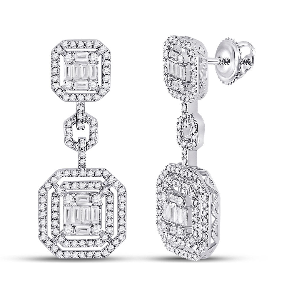 14kt White Gold Womens Baguette Diamond Octagon Dangle Earrings 1-1/2 Cttw