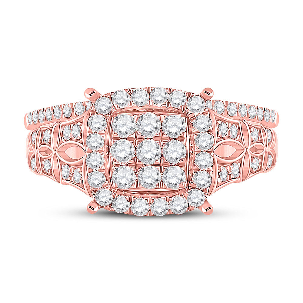 14kt Rose Gold Womens Round Diamond Square Cluster Bridal Wedding Ring Band Set 7/8 Cttw