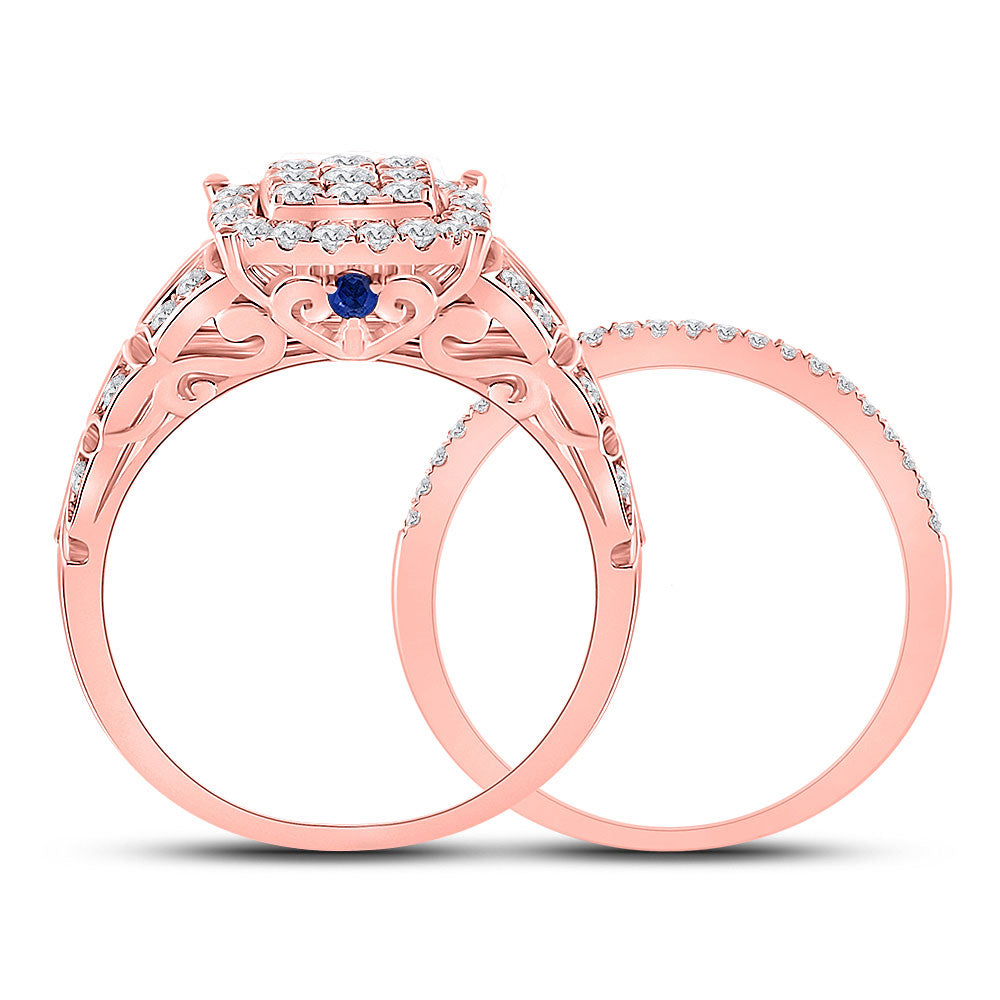 14kt Rose Gold Womens Round Diamond Square Cluster Bridal Wedding Ring Band Set 7/8 Cttw