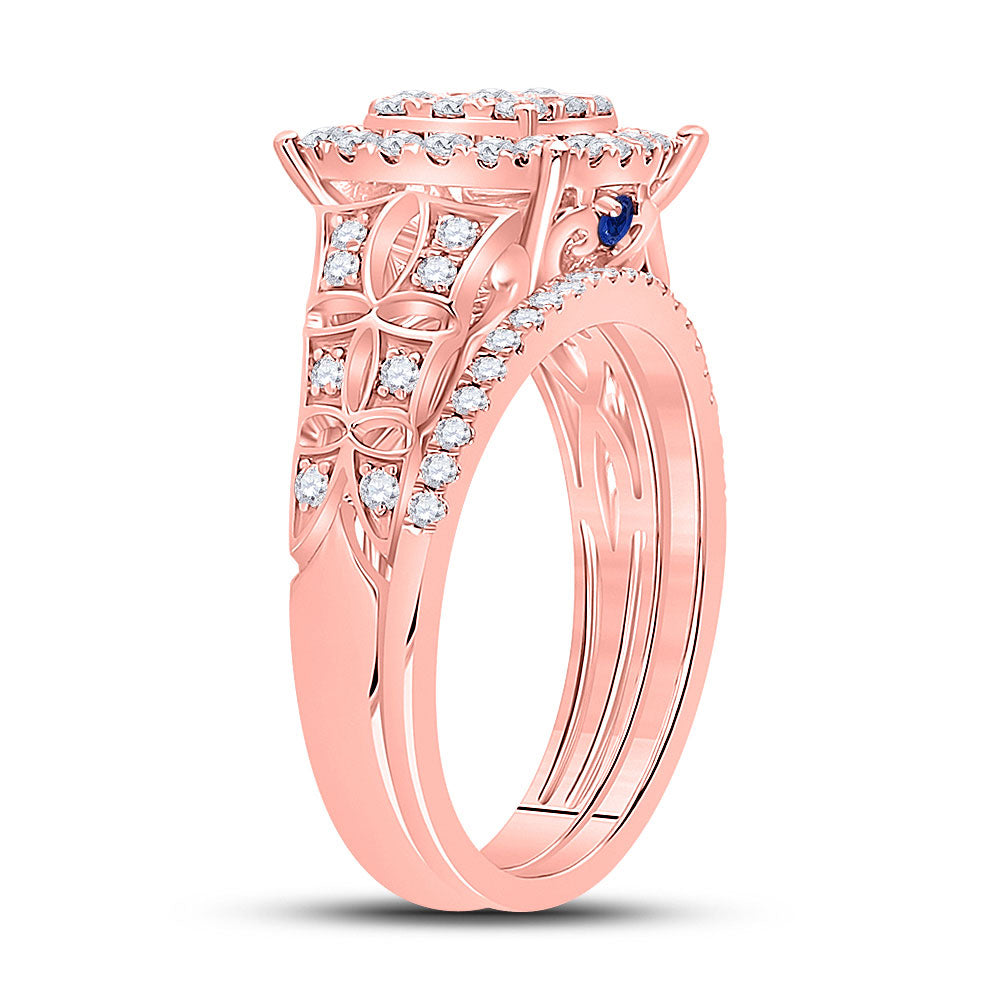 14kt Rose Gold Womens Round Diamond Square Cluster Bridal Wedding Ring Band Set 7/8 Cttw