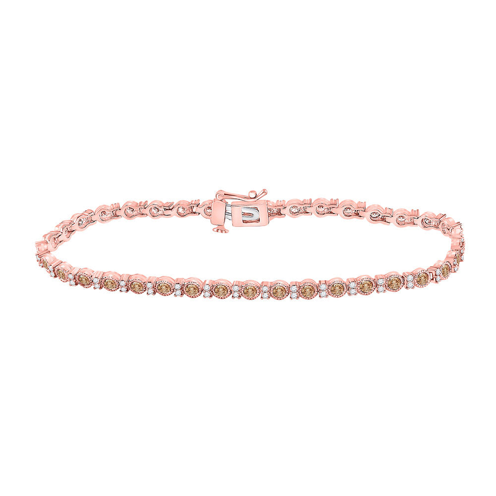 14kt Rose Gold Womens Round Brown Diamond Single Row Tennis Bracelet 2 Cttw