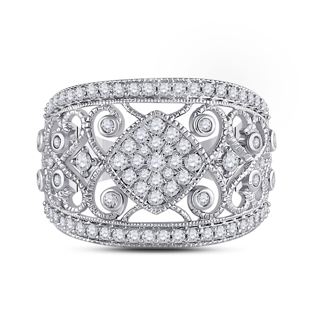 14kt White Gold Womens Round Diamond Filigree Fashion Ring 3/4 Cttw