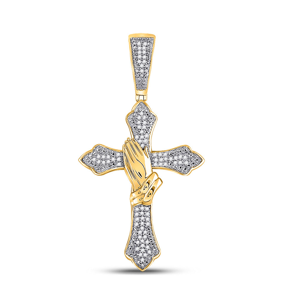 10kt Yellow Gold Mens Round Diamond Praying Hands Gothic Cross Charm Pendant 1/4 Cttw