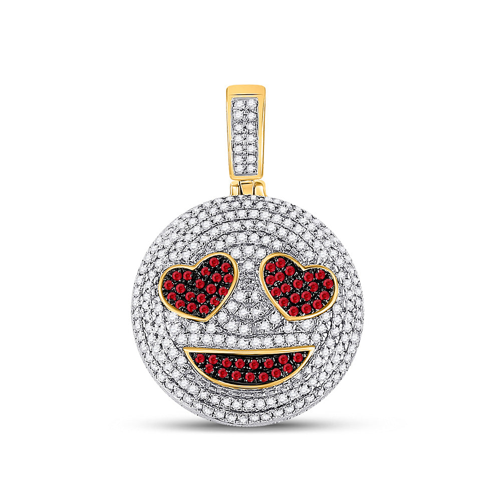 10kt Yellow Gold Mens Round Ruby Emoji Smiley Heart Charm Pendant 1-1/3 Cttw