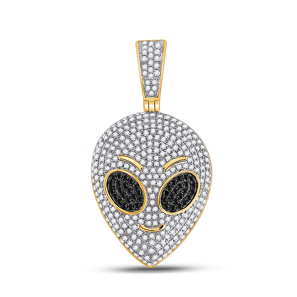 10kt Yellow Gold Mens Round Black Color Enhanced Diamond Alien Charm Pendant 1 Cttw