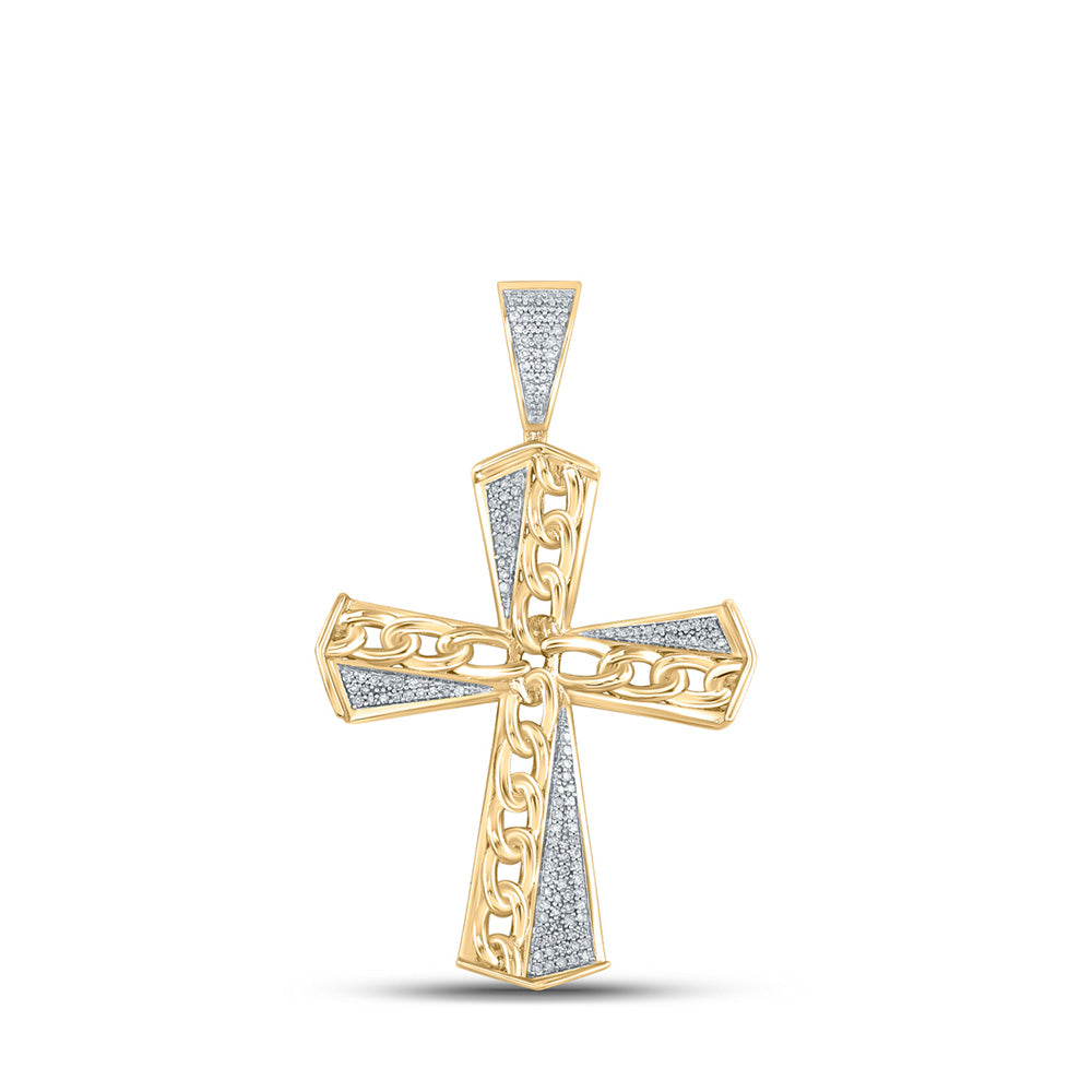 10kt Yellow Gold Mens Round Diamond Cuban Link Cross Charm Pendant 1/3 Cttw