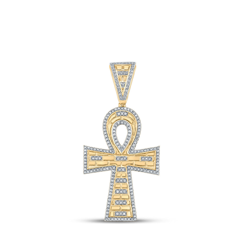 10kt Yellow Gold Mens Round Diamond Ankh Cross Charm Pendant 1/2 Cttw