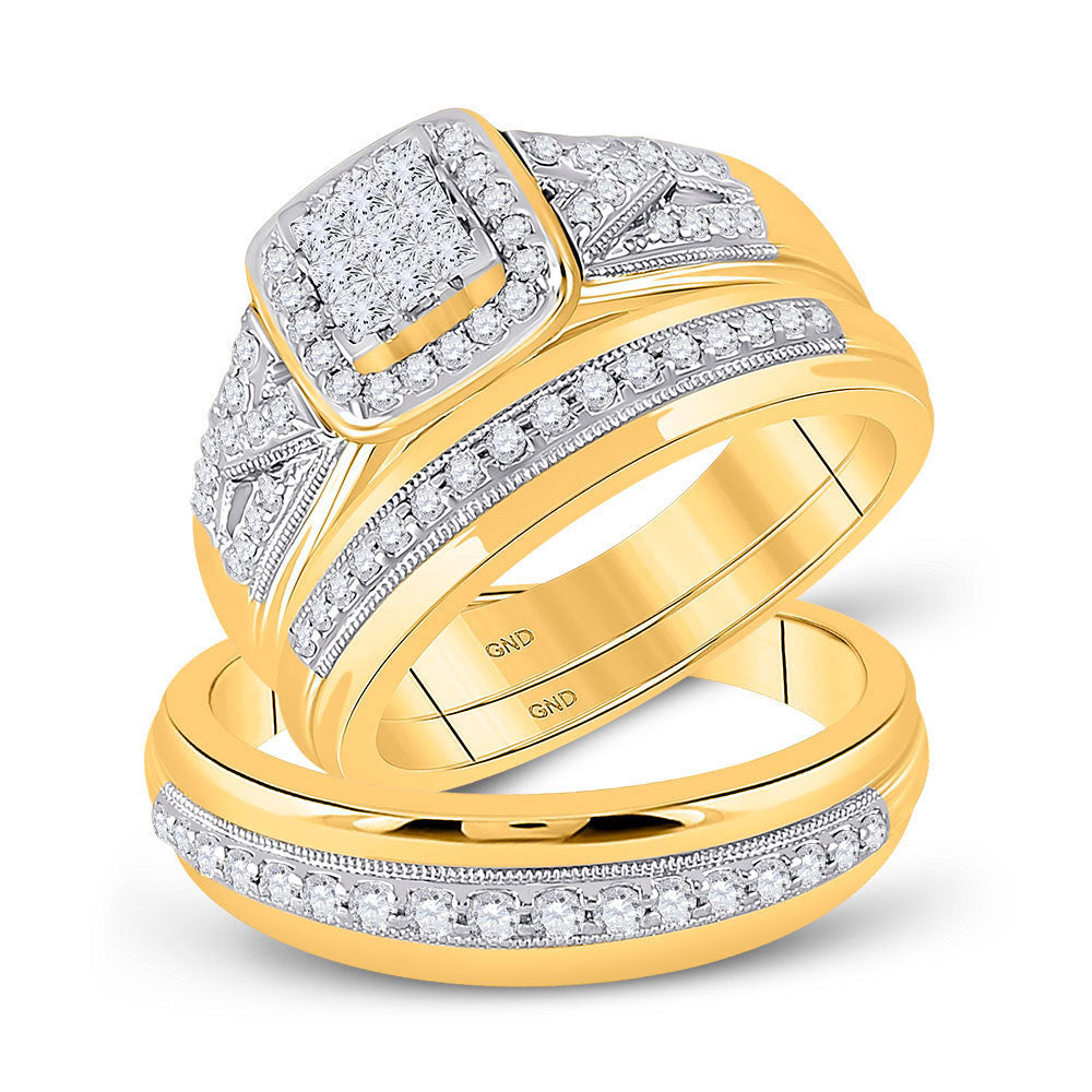 10kt Yellow Gold His Hers Round Diamond Square Matching Wedding Set 3/4 Cttw