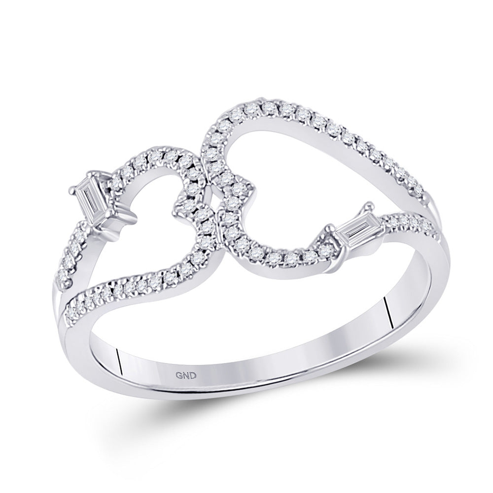 14kt White Gold Womens Round Diamond Double Heart Ring 1/5 Cttw