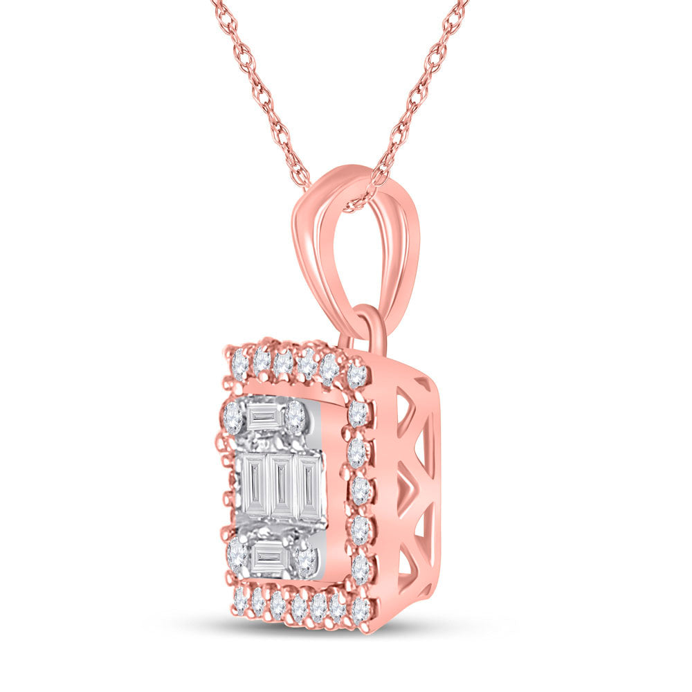 14kt Rose Gold Womens Baguette Round Diamond Square Pendant 1/5 Cttw