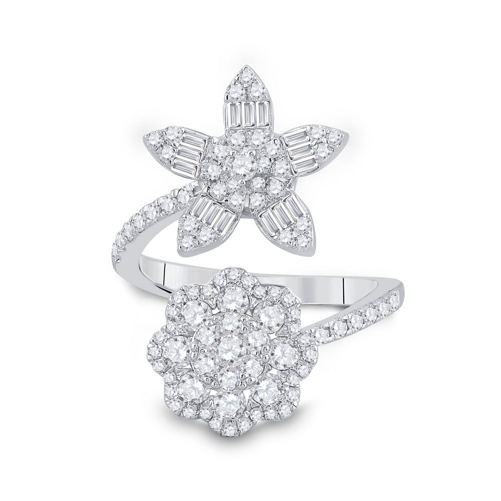 14kt White Gold Womens Baguette Diamond Bypass Flower Cocktail Ring 1-1/3 Cttw