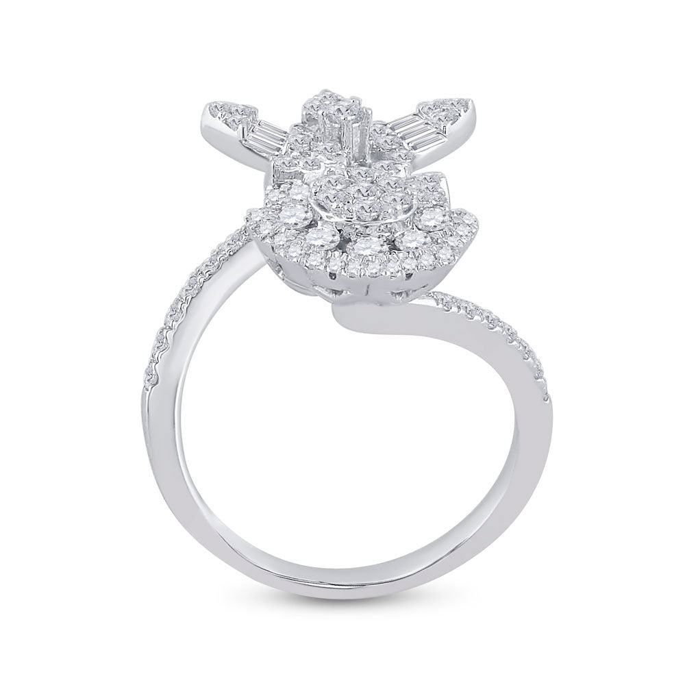 14kt White Gold Womens Baguette Diamond Bypass Flower Cocktail Ring 1-1/3 Cttw